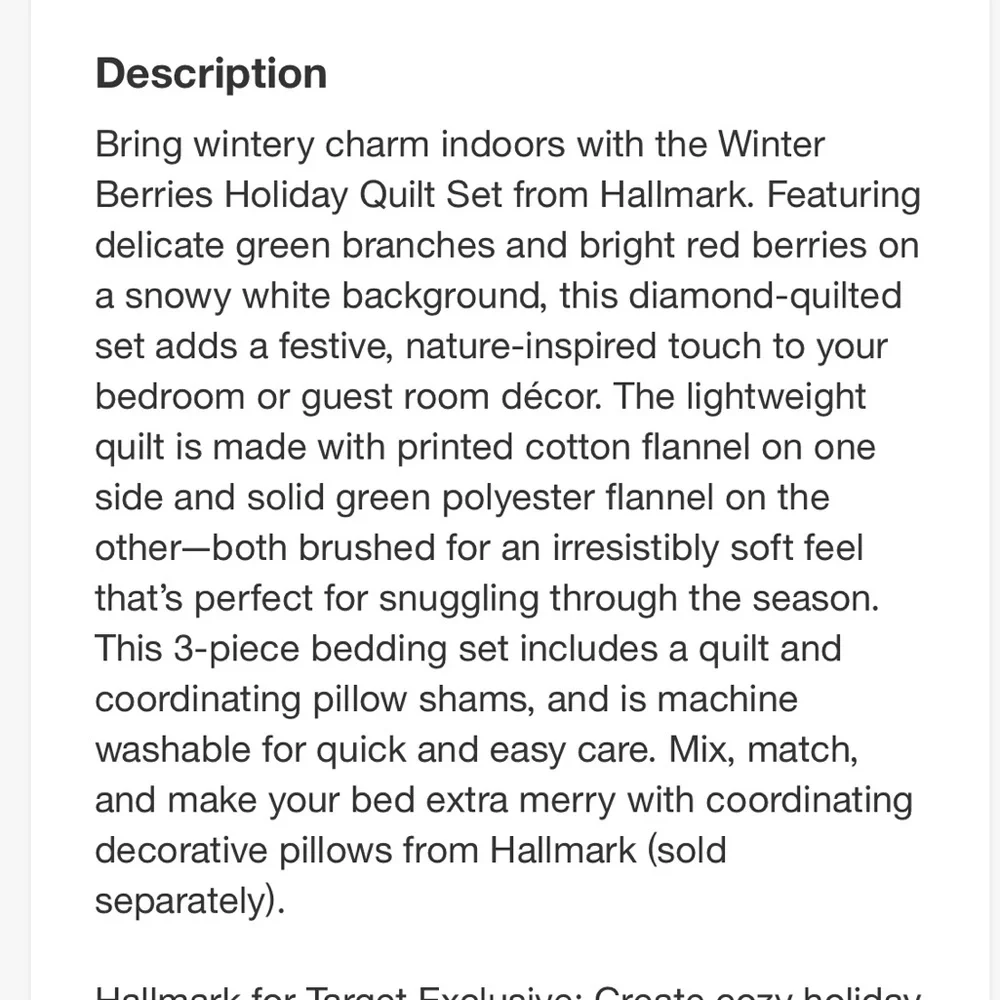 HALLMARK NWT 3pc winter berries quilt set -green/red/gray -queen